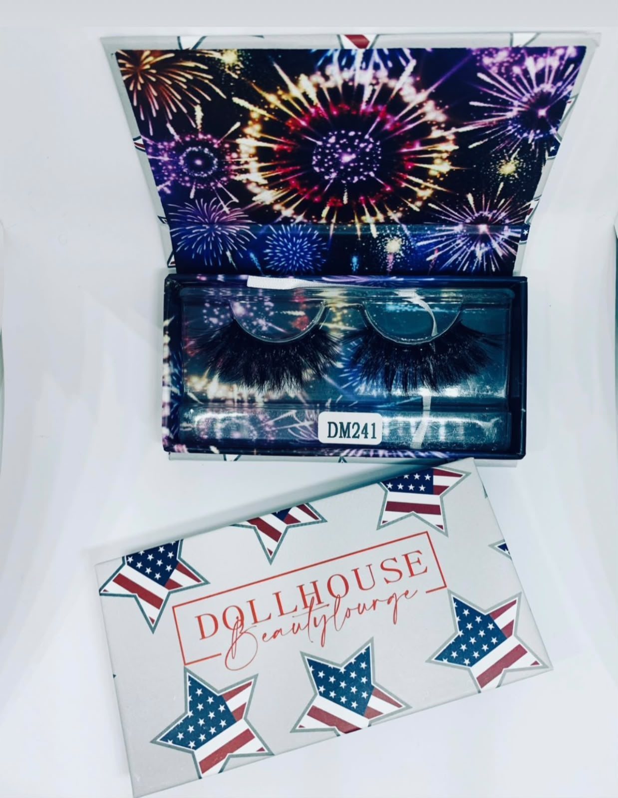 Dollhouse 4th of July lash collection: fireworks lash box and stars-and-stripes case