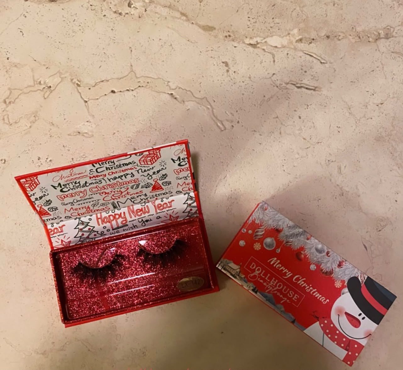 Dollhouse Christmas lash collection: red glitter box and Merry Christmas snowman box